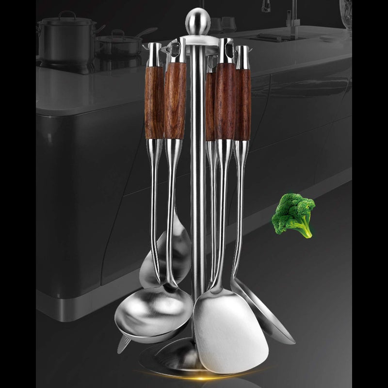 GXONE Cooking Utensils Set 7pcs 304 Stainless Steel Kitchen Utensils Set with Holder Heat Resistant Wooden Handle Kitchen Tools - Image 2